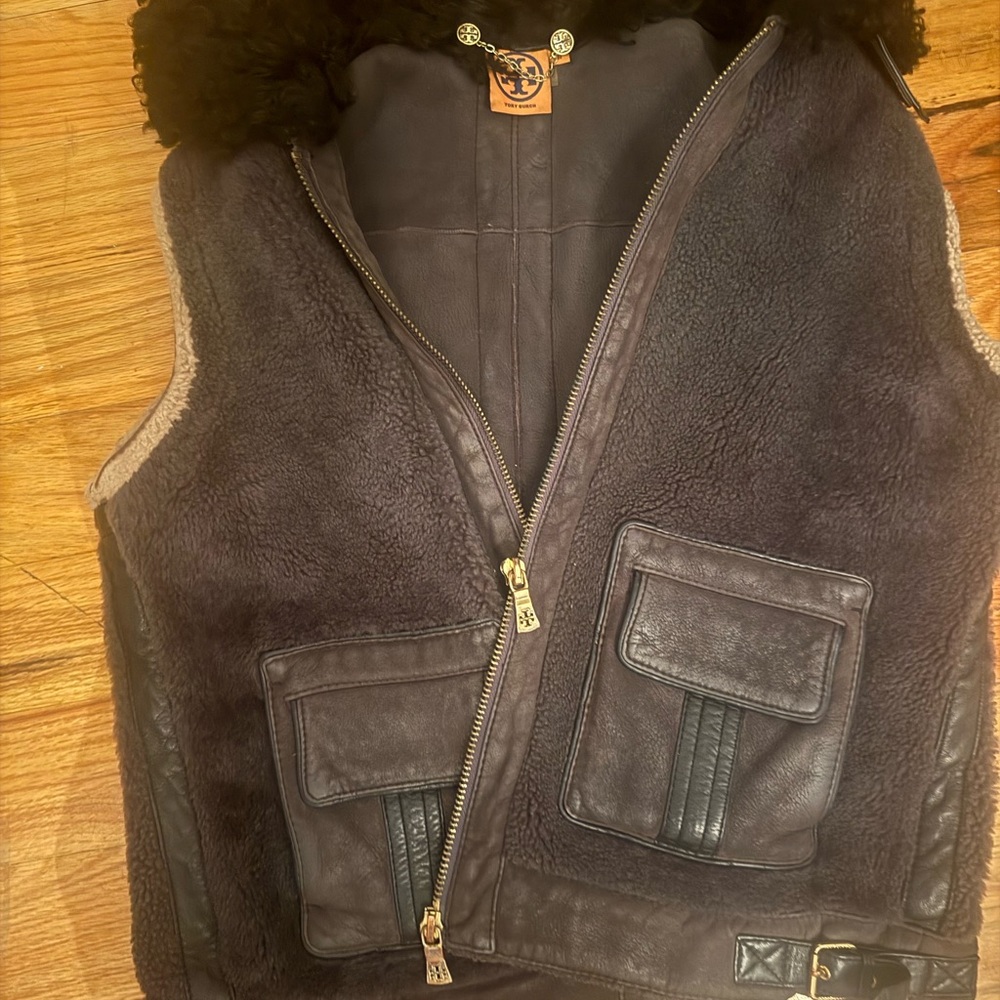 Tory Burch Dark Brown Shearling Vest